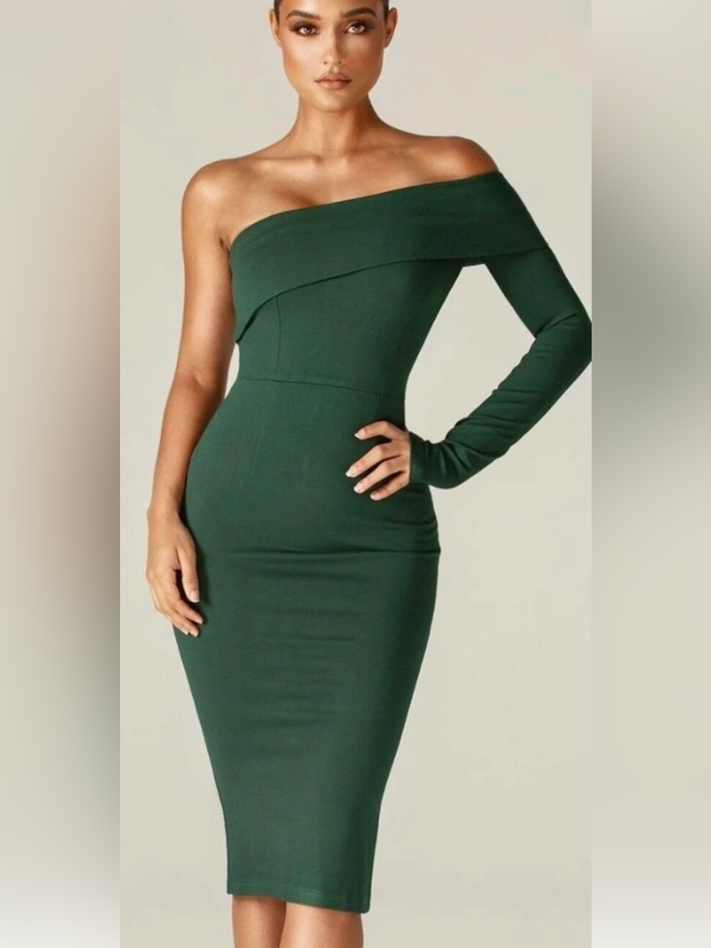 ALIEA Off-Shoulder One-Sleeve Bodycon Dress in Forest Green